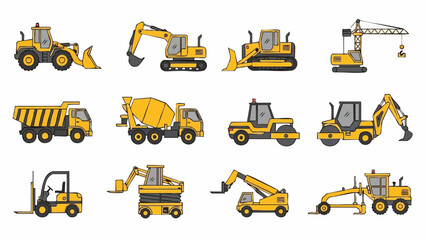 Yellow construction vehicles set machinery collection.