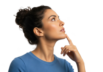 Pensive woman in blue shirt looking up isolated on transparent background