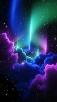 星が輝く深淵の夜空に、色とりどりの雲の上を舞う壮大なオーロラの光。まるで魔法のような宇宙の光景。4K解像度の動画。縦向き動画30FPS。