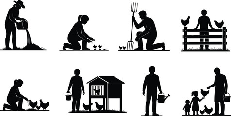 Rural farming silhouettes collection showing family agriculture activities, chicken care, gardening, livestock feeding, and traditional countryside farm life scenes © Moslama