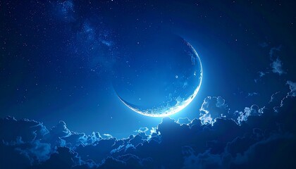 Lunar Serenity: A celestial spectacle unfolds, as a radiant crescent moon illuminates the tranquil night sky, casting a gentle glow upon the ethereal clouds.