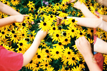 Hands of children reaching for flowers