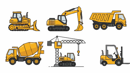 Construction machinery set yellow heavy equipment.