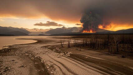 A wildfire burning in a forest with a mountain range in the background at sunset.