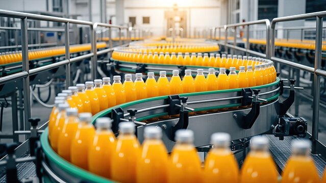 Bottles of orange juice on a conveyor belt in a modern food production facility, showcasing the automated bottling process and vibrant colors of the beverage