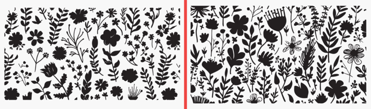 floral pattern illustration, dense botanical doodles, flower leaf sketch set, hand drawn floral background, seamless botanical design, nature pattern vector, floral clipart collection, decorative plan