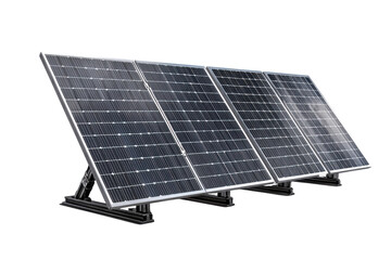 Four solar panels with silver frames on black stands against a black background energy power