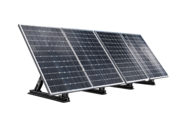 Four solar panels with silver frames on black stands against a black background energy power