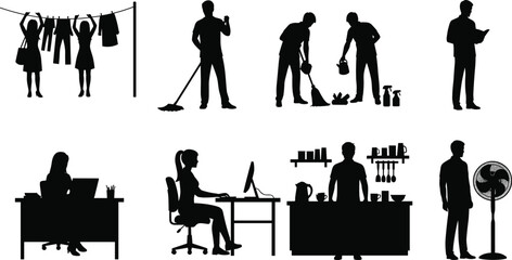 Daily life silhouettes showing household chores, office work, cleaning, laundry, cooking, customer service, and everyday lifestyle activities scenes