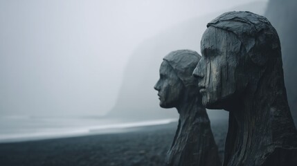 Fototapeta premium Dark wooden statues beach