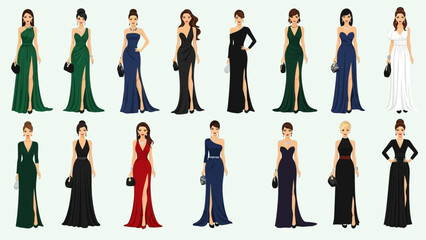 Elegant women in stylish evening gowns and formal wear
