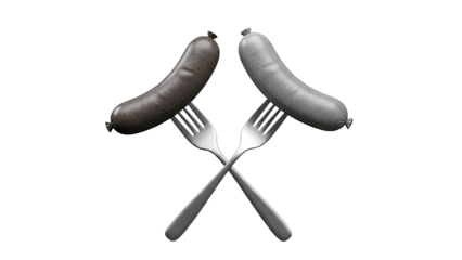 Two sausages impaled on crossed forks