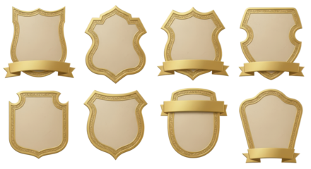 Set of 8 Gold and Beige Blank Shield Badges with Ribbons Isolated on White