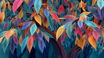 Elegant colorful tree with vibrant leaves and hanging branches, abstract 3D wallpaper background with soft gradient lighting and copy space