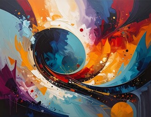 Swirling abstract painting featuring vibrant, dynamic color bursts