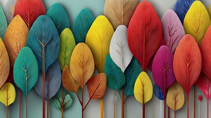 Elegant colorful tree with vibrant leaves and hanging branches, abstract 3D wallpaper background with soft gradient lighting and copy space