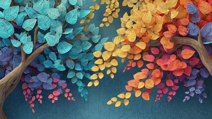 Elegant colorful tree with vibrant leaves and hanging branches, abstract 3D wallpaper background with soft gradient lighting and copy space