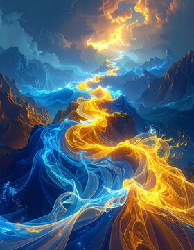 Surreal mountain landscape with glowing blue and yellow river