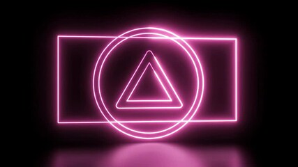 Vibrant pink neon glowing geometric shapes a rectangle framing a circle with a triangle inside creating a futuristic and minimalist abstract design on a dark reflective surface evoking a sense of mys. - Powered by Adobe