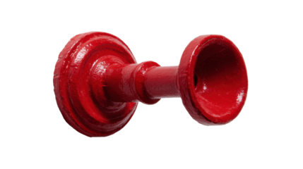 Vintage red wooden curtain tie-back holder with carved details and glossy finish, on a transparent background