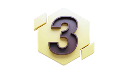 3D Number 3 on Yellow Hexagon with Gold Accents