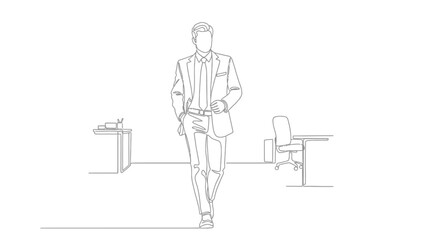 Confident businessman walking in modern office, minimalist line art, career progression