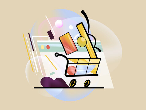 Abstract shopping cart icon with geometric online store elements
