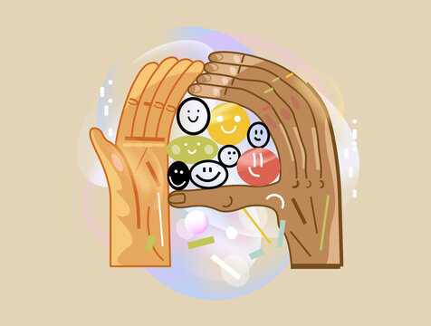 Hands forming a protective frame around team of diverse faces