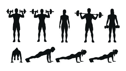 Silhouettes of people performing various workout exercises and fitness routines