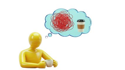 Yellow figure contemplating tangled thoughts with coffee