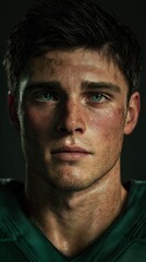 Young athletic male football player  wearing a green jersey, showcasing determination and focus in dramatic lighting, embodying the spirit of competition and sportsmanship