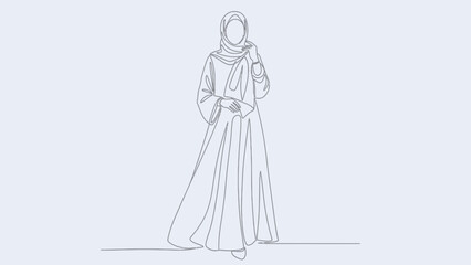 Fototapeta premium Elegant Muslim Woman in Hijab and Abaya, Continuous Line Art Drawing
