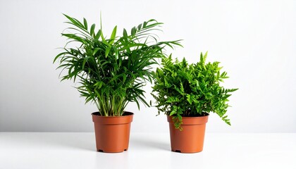 Obraz premium Two potted green plants in terracotta pots on white background