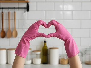 Pink gloves form heart symbol in clean modern kitchen