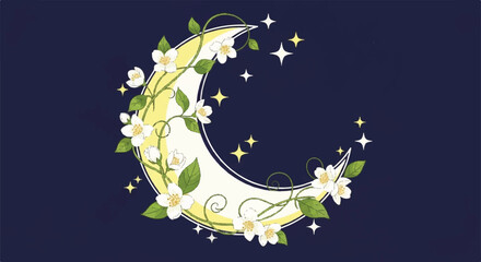 Celestial Crescent Moon Decorated with White Flowers and Gold Vines on Dark Blue Night Sky