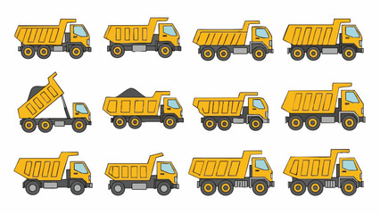 Yellow dump trucks set on white background.