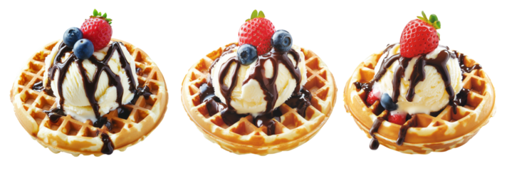 Waffle topped with vanilla ice cream, chocolate syrup, raspberry, and blueberries isolated on white background