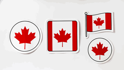Collection of diverse Canadian flag and maple leaf graphic icons, presented as patriotic stickers or badges, ideal for national identity and travel themes