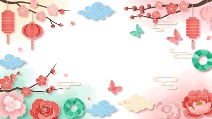 Pastel Oriental Floral Frame with Lantern Decorative Background