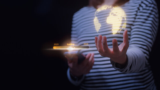Woman hand holding global digital transition hologram with confident happy emotion for future tech - Powered by Adobe