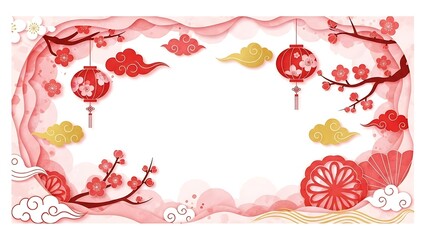 Red Oriental Festive Frame with Blossom and Lantern Background