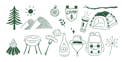 A set of hand-drawn camping and outdoor adventure doodles, featuring a tent, mountains, bonfire, backpack, and nature elements. © Illustartathome