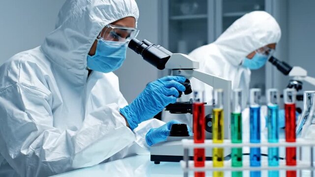 Scientists in protective suits examining samples through microscopes in a laboratory with colorful test tubes.