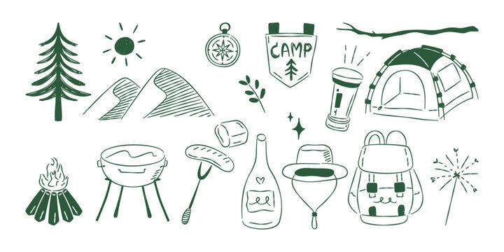 A set of hand-drawn camping and outdoor adventure doodles, featuring a tent, mountains, bonfire, backpack, and nature elements.