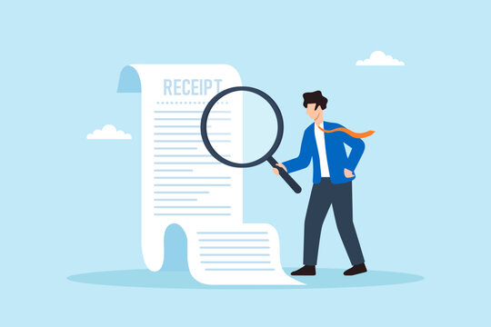Flat illustration of businessman inspecting long invoice receipt with magnifying glass symbolizing bill checking financial audit expense review cost control and payment verification