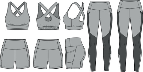 Technical fashion flat sketches of women activewear set featuring crisscross sports bra high waisted leggings and side pocket yoga shorts © BIPUL