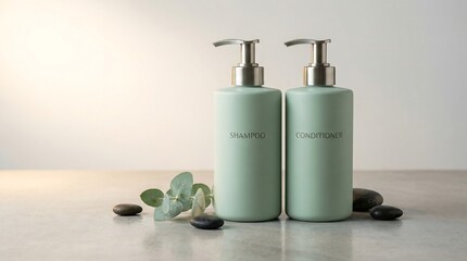 Two mint green soap dispensers with silver pumps on a minimalist surface surrounded by stones and leaves