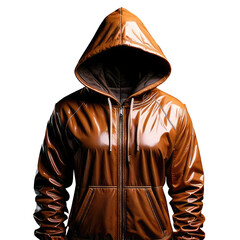 Brown hooded figure against a black backdrop, shadowy