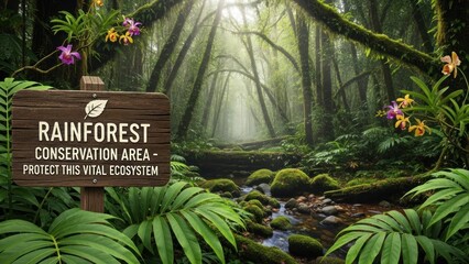 Fototapeta premium A wooden sign in a lush, green rainforest with vibrant flowers and mossy trees, with a wooden sign reading 'Rainforest Conservation Area - Protect this vital ecosystem'.