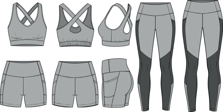 Technical fashion flat sketches of women activewear set featuring crisscross sports bra high waisted leggings and side pocket yoga shorts